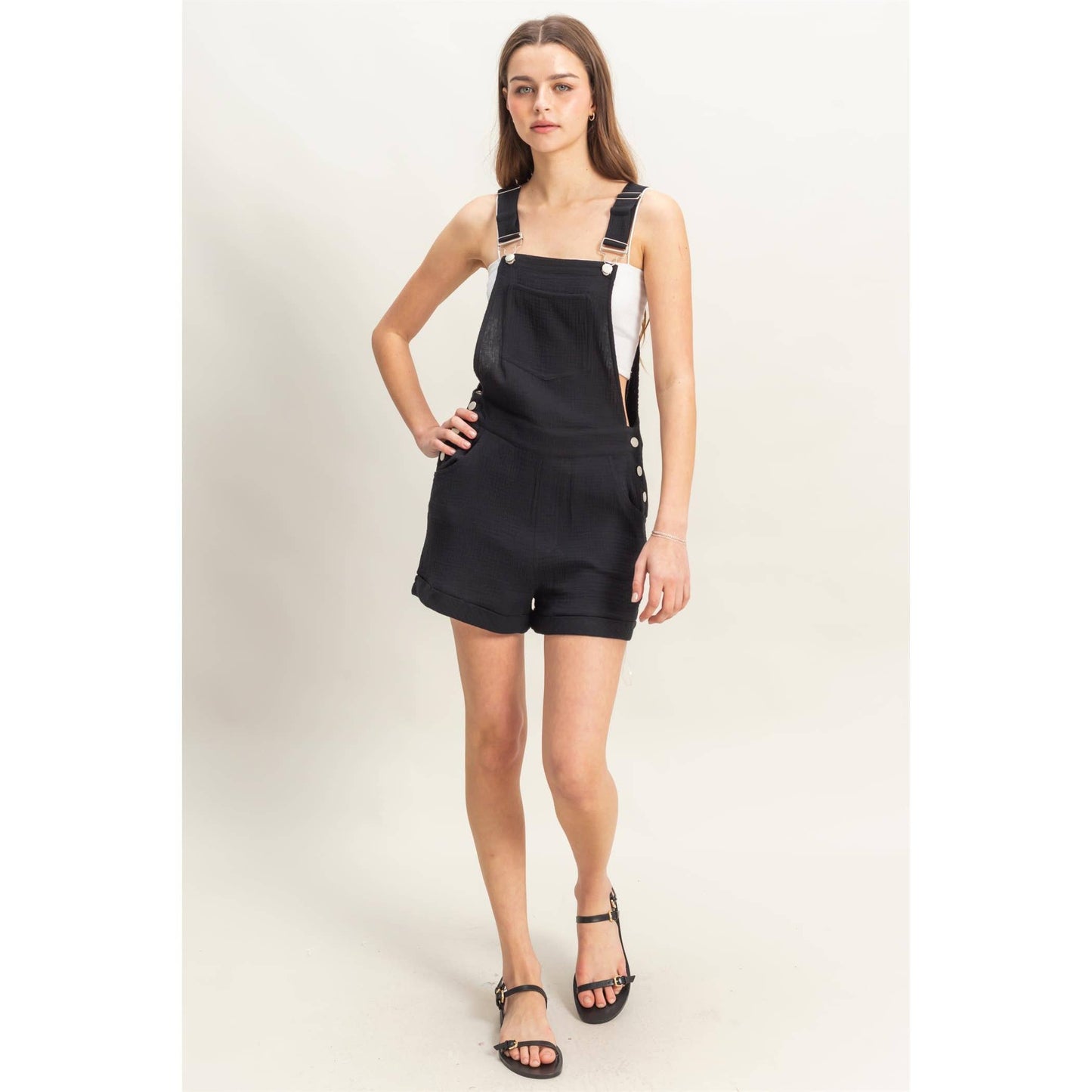 HF25C466-Double Gauze Front Pocket Overall Romper