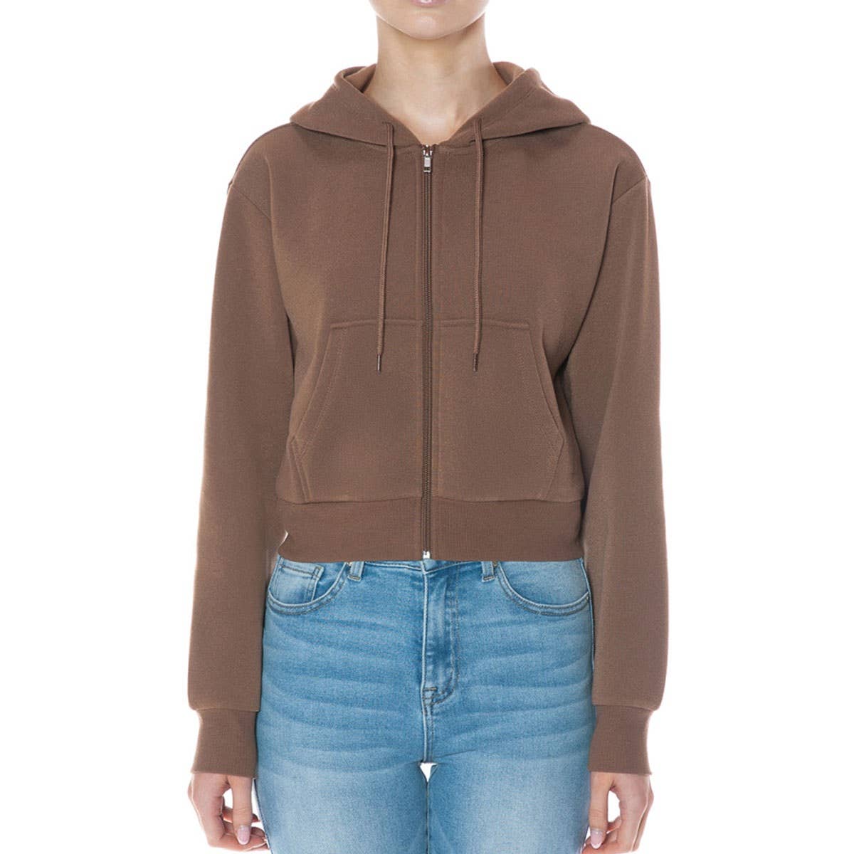 FLEECE LONG SLEEVE ZIP UP CROP HOODIE JACKET