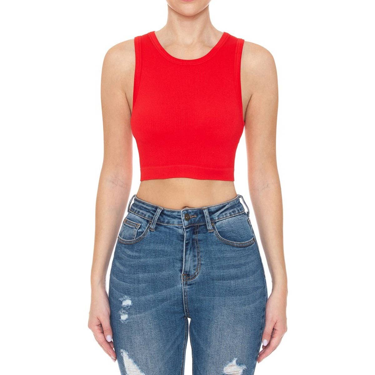 RIBBED ROUND NECK CROP SEAMLESS TANK TOP