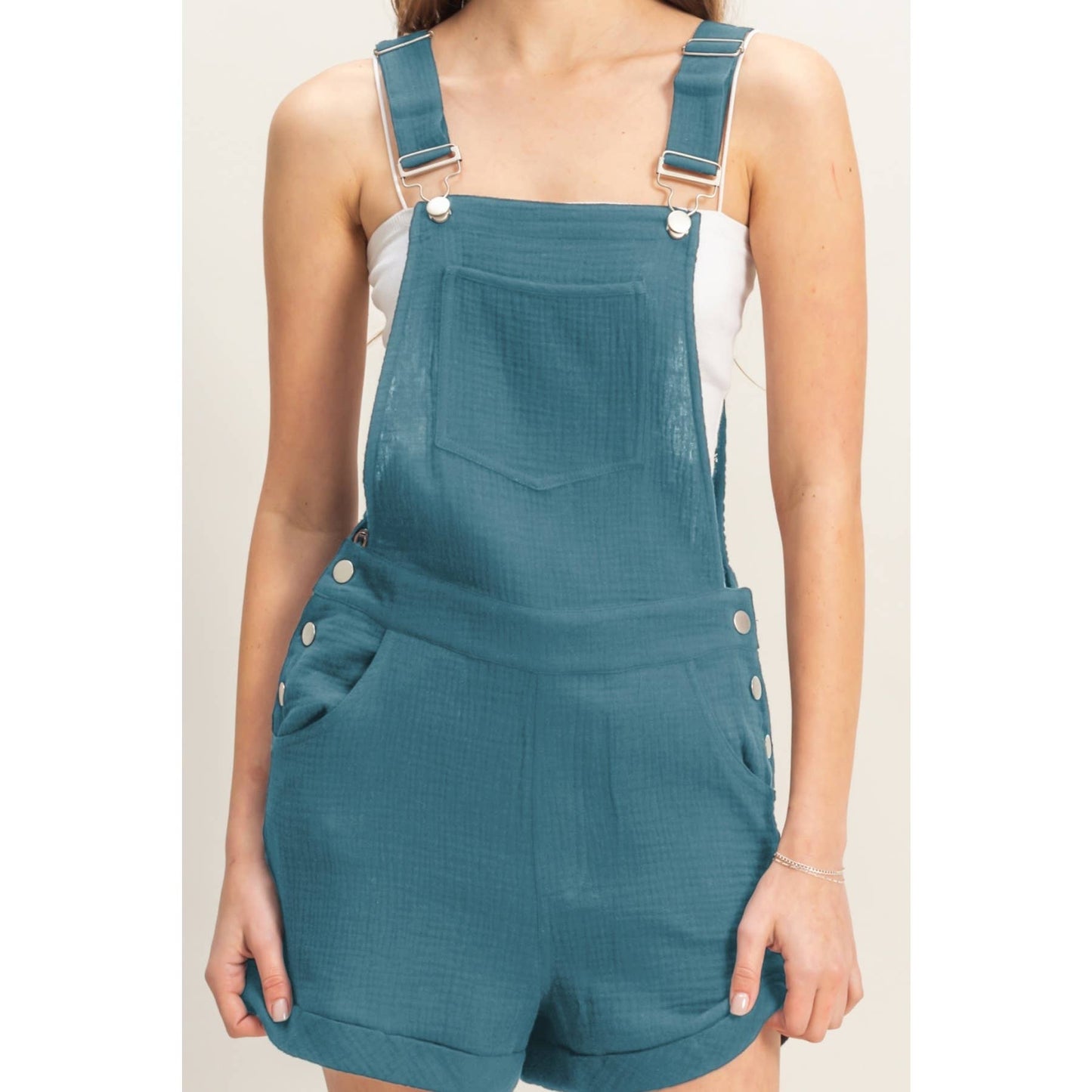 HF25C466-Double Gauze Front Pocket Overall Romper