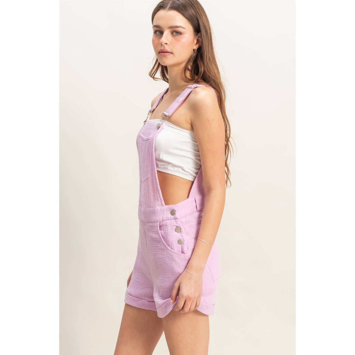 HF25C466-Double Gauze Front Pocket Overall Romper