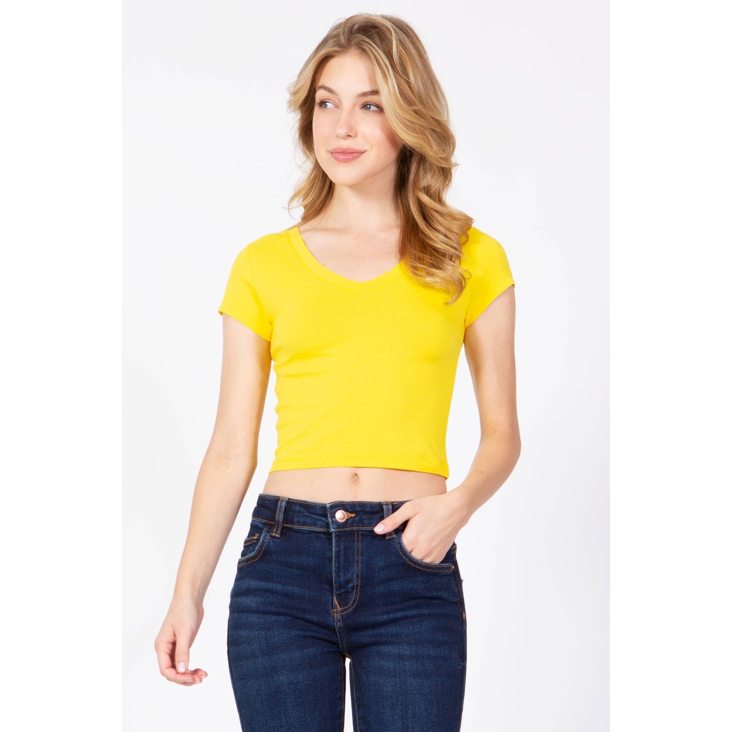 Short Sleeve V Neck Baby Tee Crop Top T Shirt