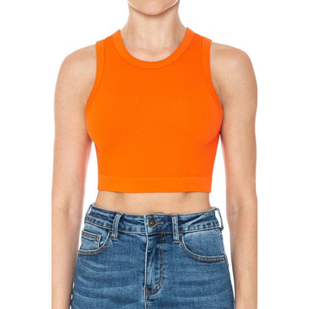 RIBBED ROUND NECK CROP SEAMLESS TANK TOP