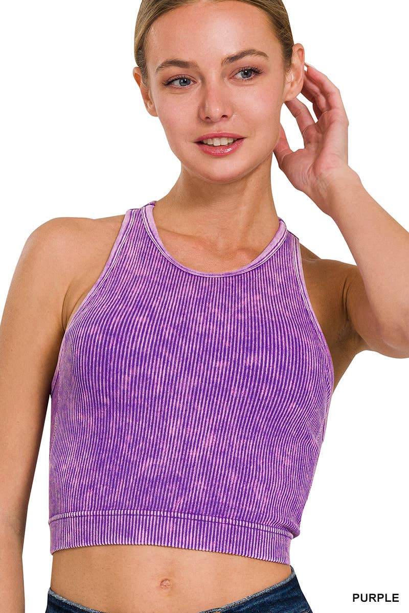 Stone Washed Ribbed Cropped Bra Padded Top