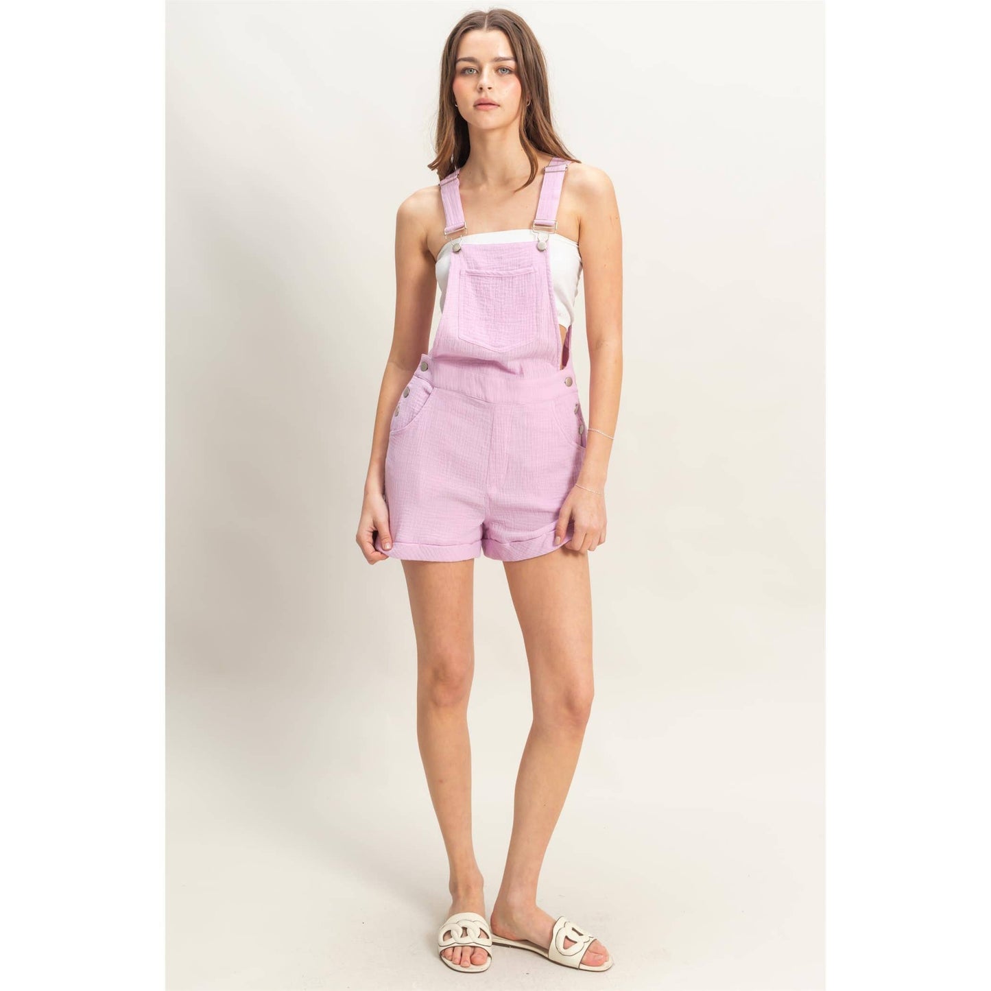 HF25C466-Double Gauze Front Pocket Overall Romper