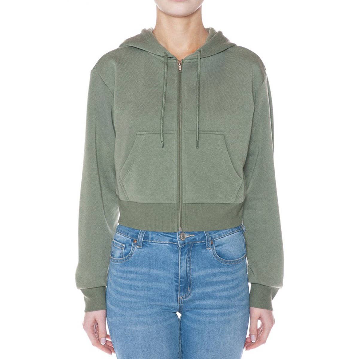 FLEECE LONG SLEEVE ZIP UP CROP HOODIE JACKET