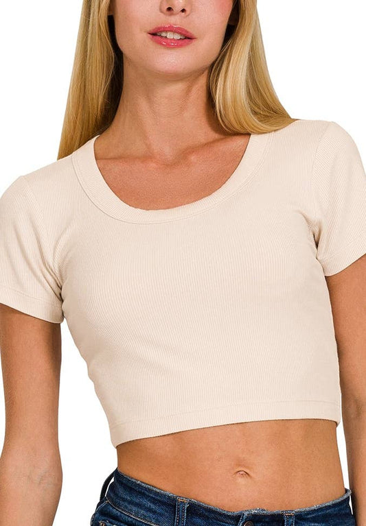Ribbed Scoop Neck Crop Short Sleeve Top