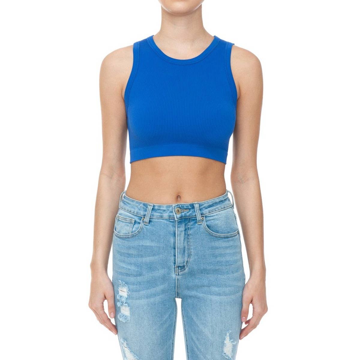 RIBBED ROUND NECK CROP SEAMLESS TANK TOP