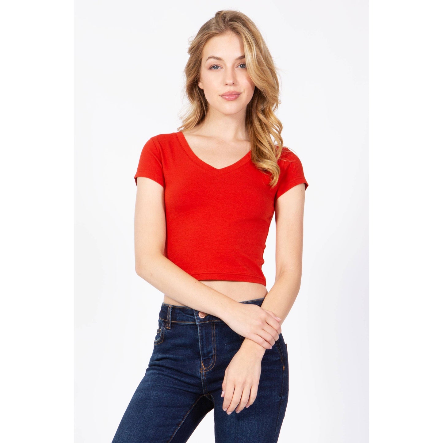 Short Sleeve V Neck Baby Tee Crop Top T Shirt