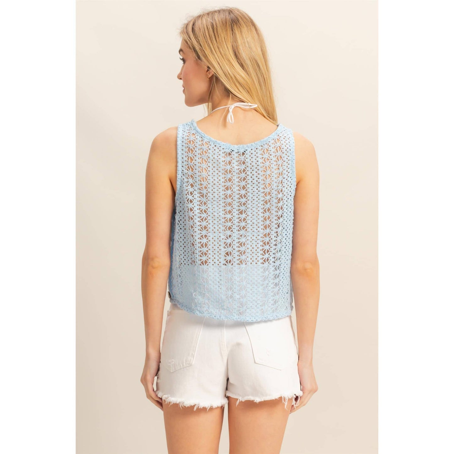 HF25C657-Sleeveless Crew Neck Crochet Top
