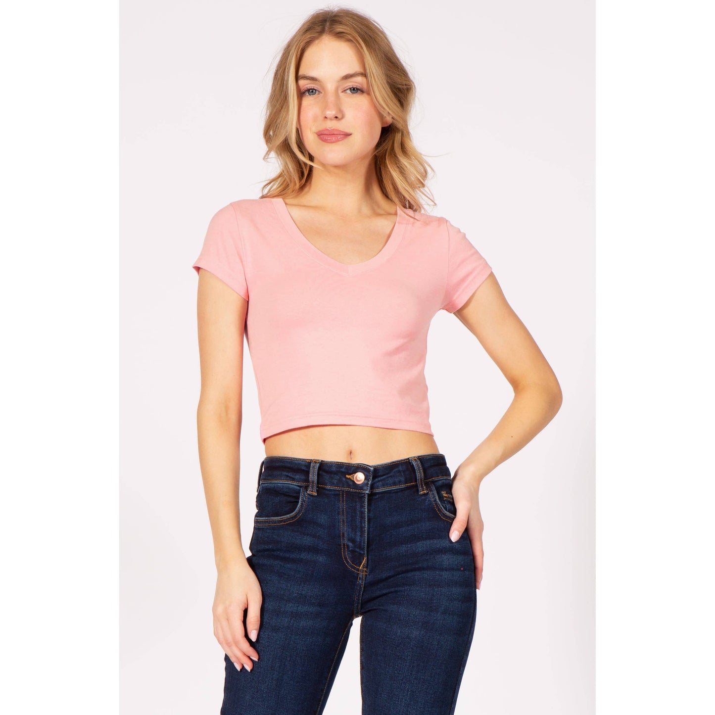Short Sleeve V Neck Baby Tee Crop Top T Shirt