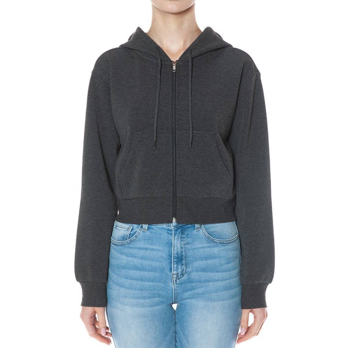 FLEECE LONG SLEEVE ZIP UP CROP HOODIE JACKET
