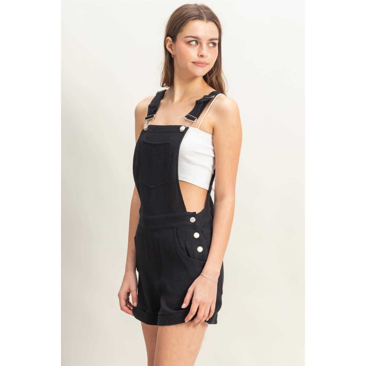 HF25C466-Double Gauze Front Pocket Overall Romper
