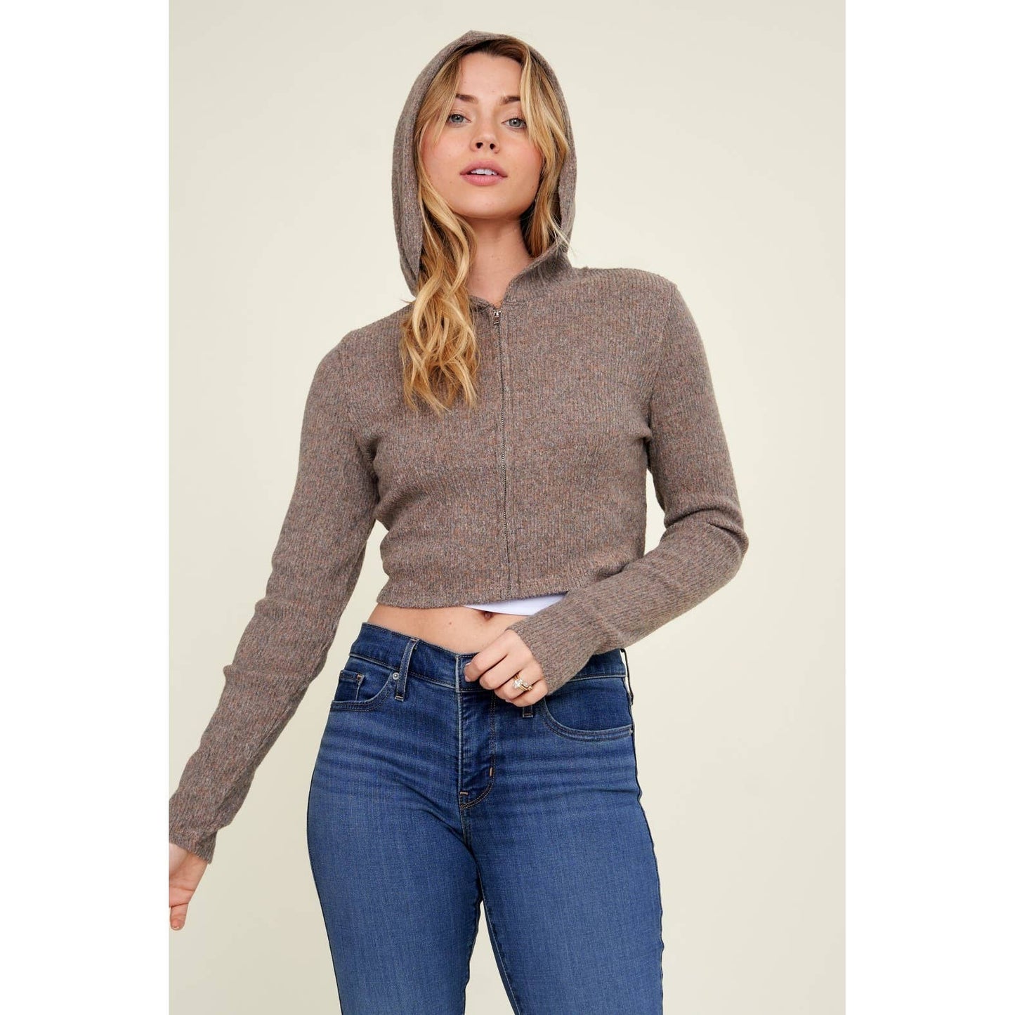 Hooded Zipper Front Rib Knit Cropped Jacket