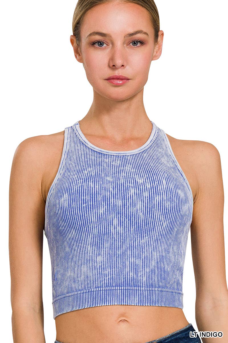 Stone Washed Ribbed Cropped Bra Padded Top