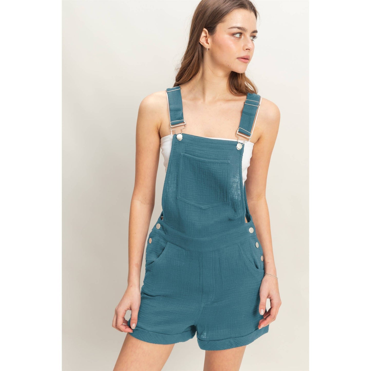 HF25C466-Double Gauze Front Pocket Overall Romper