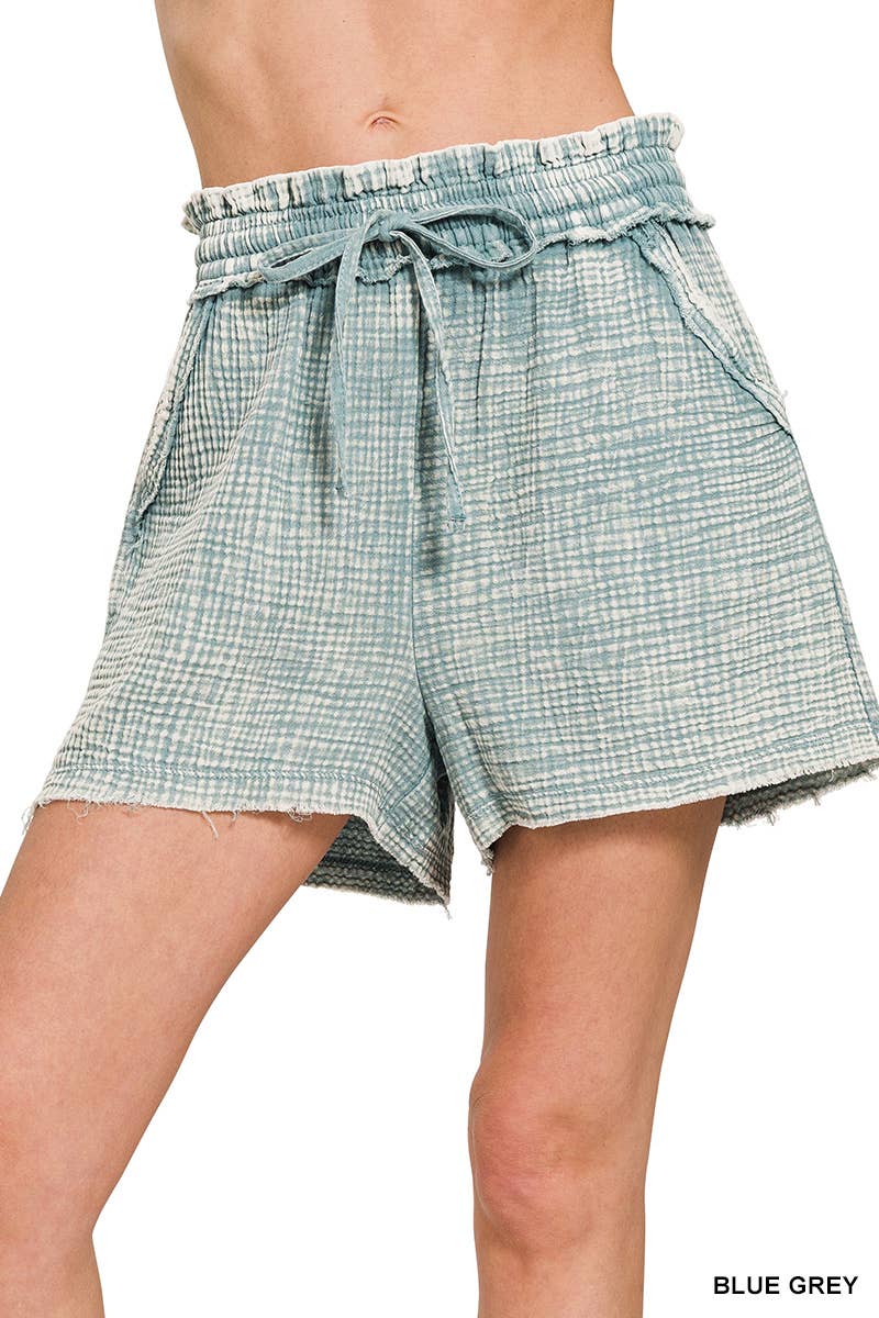 Washed Double Gauze Frayed Hem Drawstring Shorts