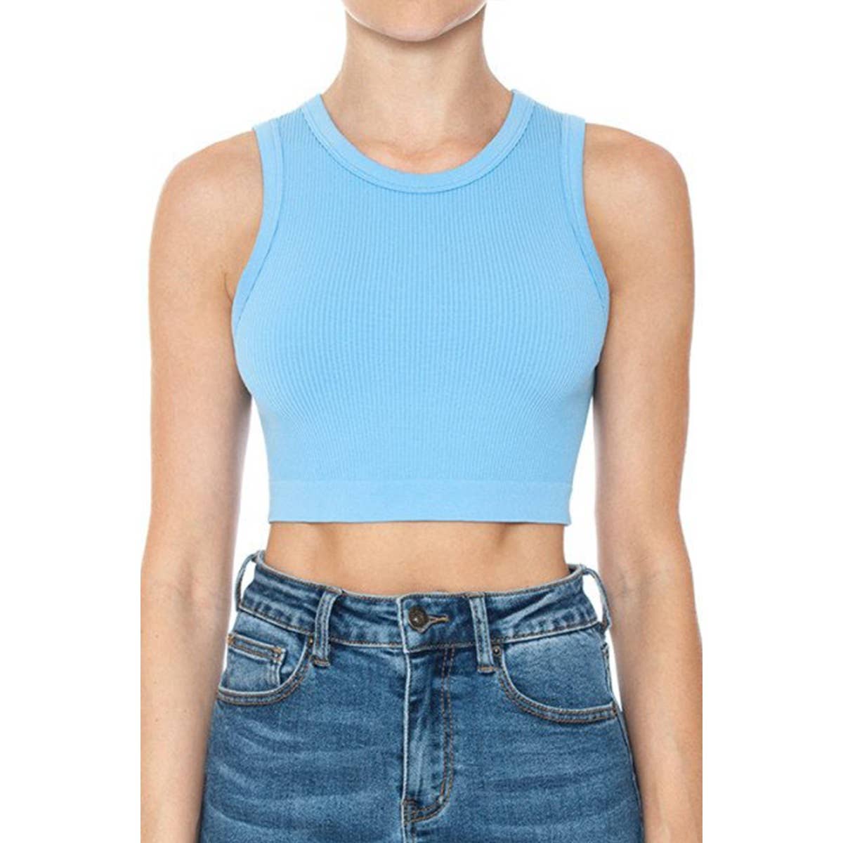 RIBBED ROUND NECK CROP SEAMLESS TANK TOP