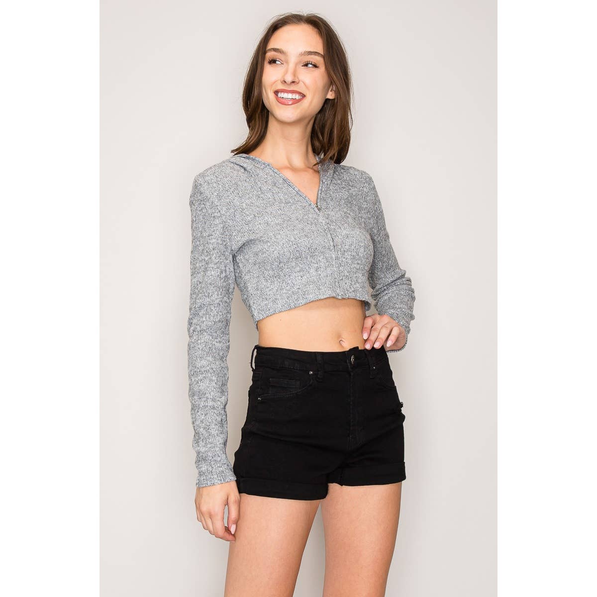 Hooded Zipper Front Rib Knit Cropped Jacket