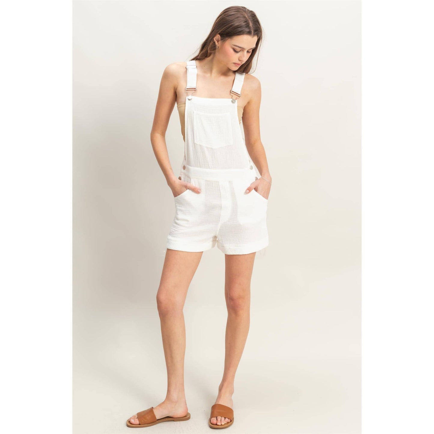 HF25C466-Double Gauze Front Pocket Overall Romper