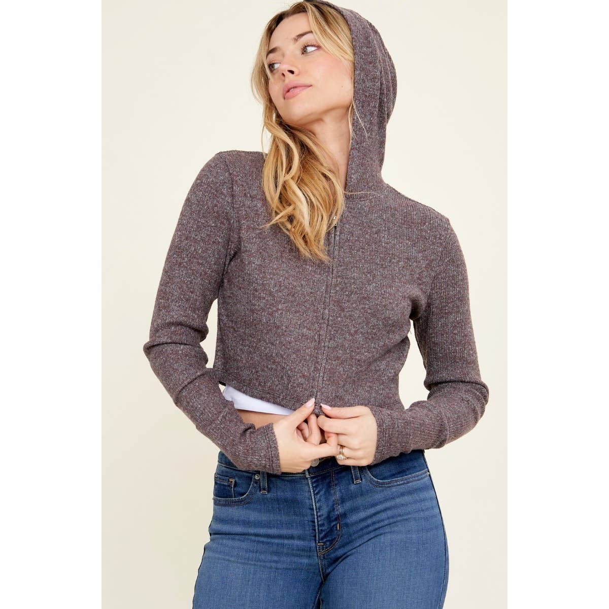 Hooded Zipper Front Rib Knit Cropped Jacket