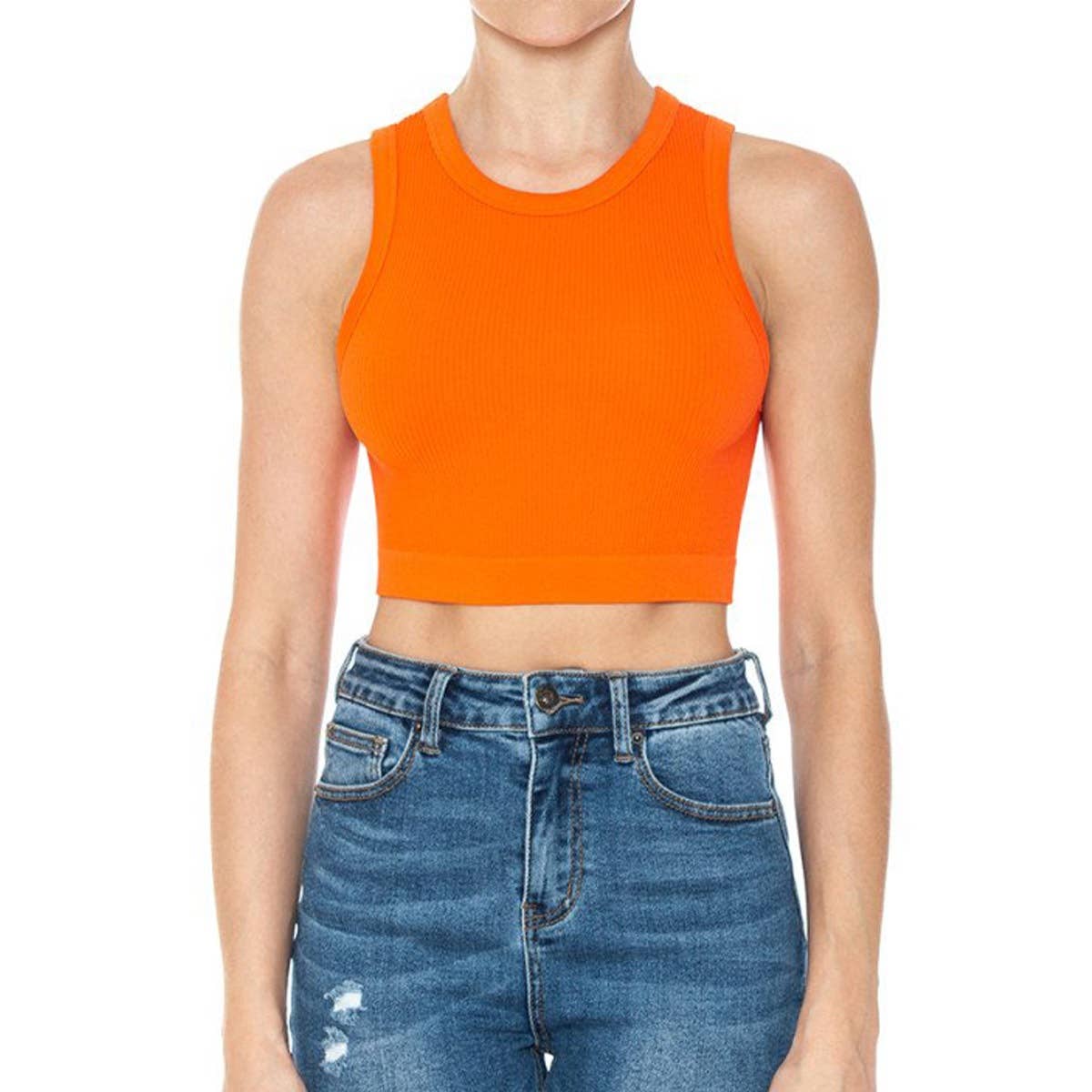 RIBBED ROUND NECK CROP SEAMLESS TANK TOP