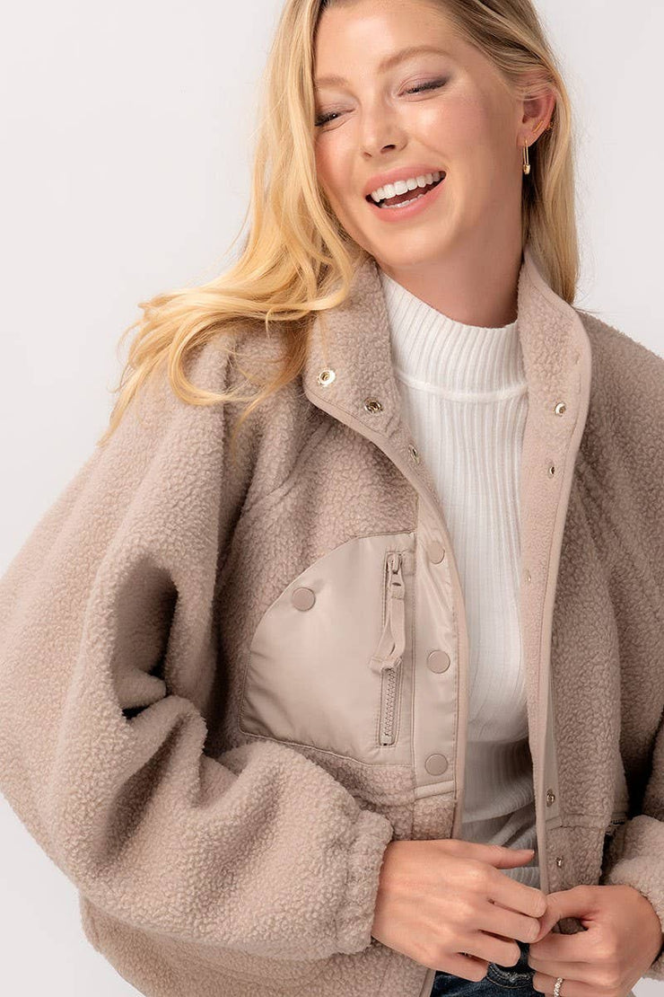 SHERPA FLEECE SNAP BUTTON ZIP POCKET JACKET