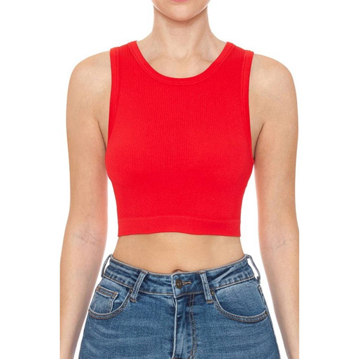 RIBBED ROUND NECK CROP SEAMLESS TANK TOP