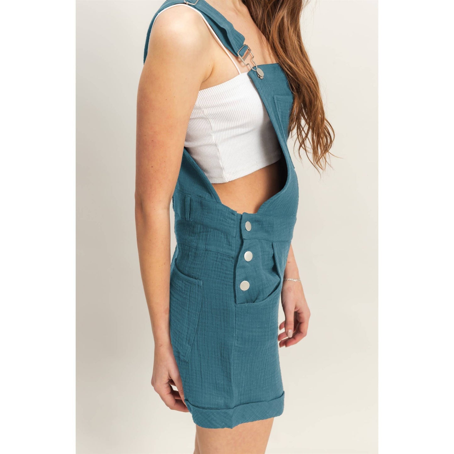 HF25C466-Double Gauze Front Pocket Overall Romper