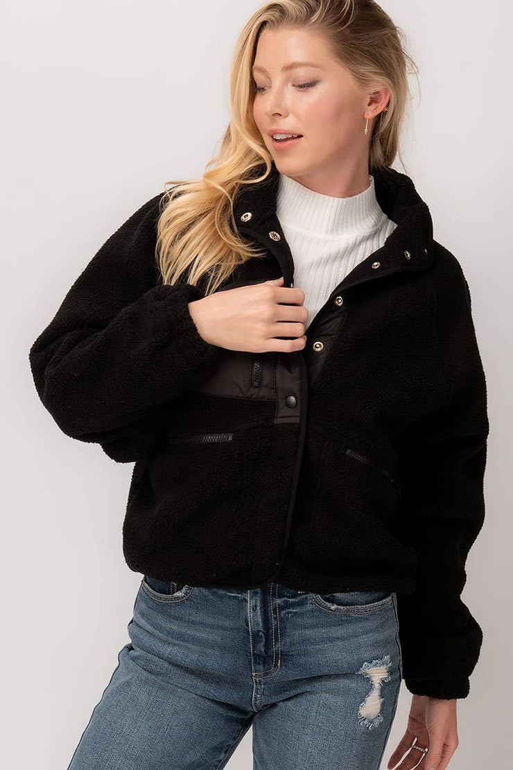 SHERPA FLEECE SNAP BUTTON ZIP POCKET JACKET