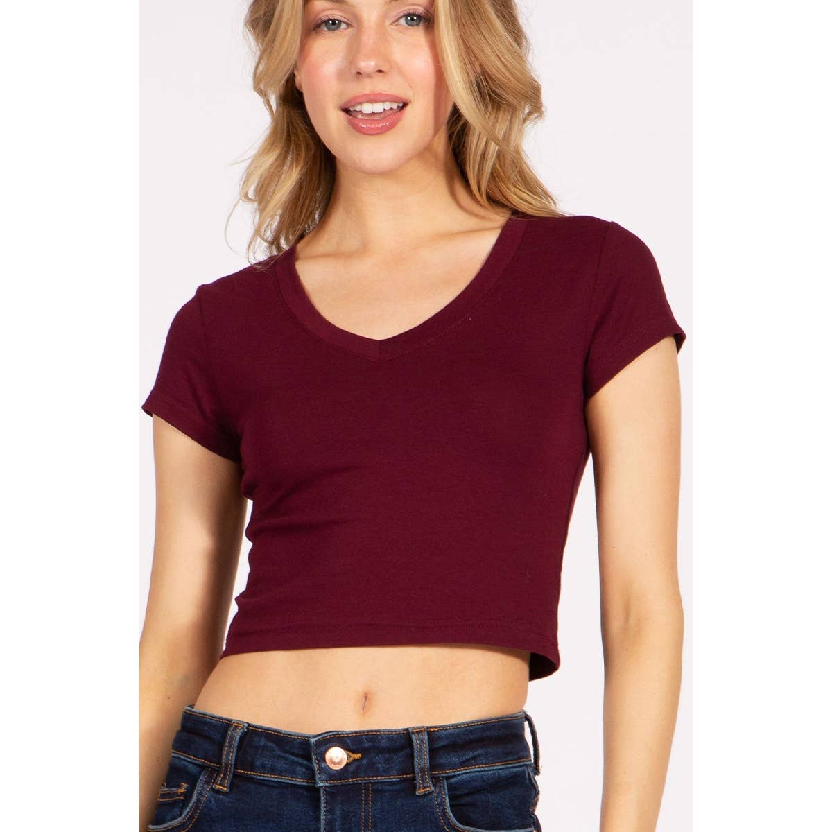 Short Sleeve V Neck Baby Tee Crop Top T Shirt