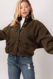 SHERPA FLEECE SNAP BUTTON ZIP POCKET JACKET