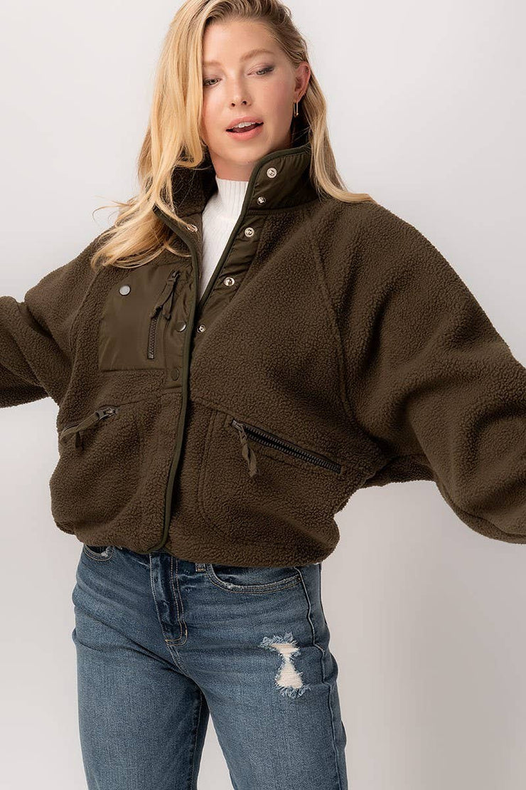 SHERPA FLEECE SNAP BUTTON ZIP POCKET JACKET