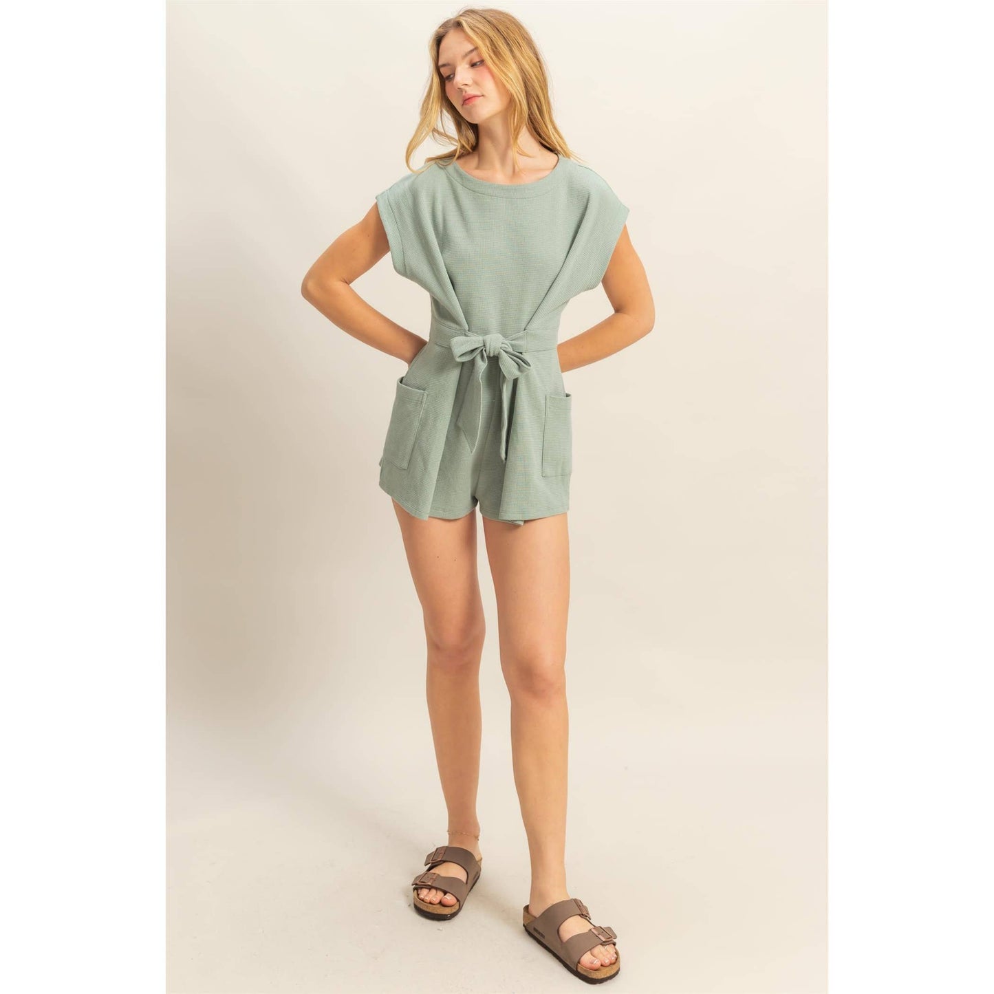 DZ25C387-Tie-Front Waffle Knitted Romper