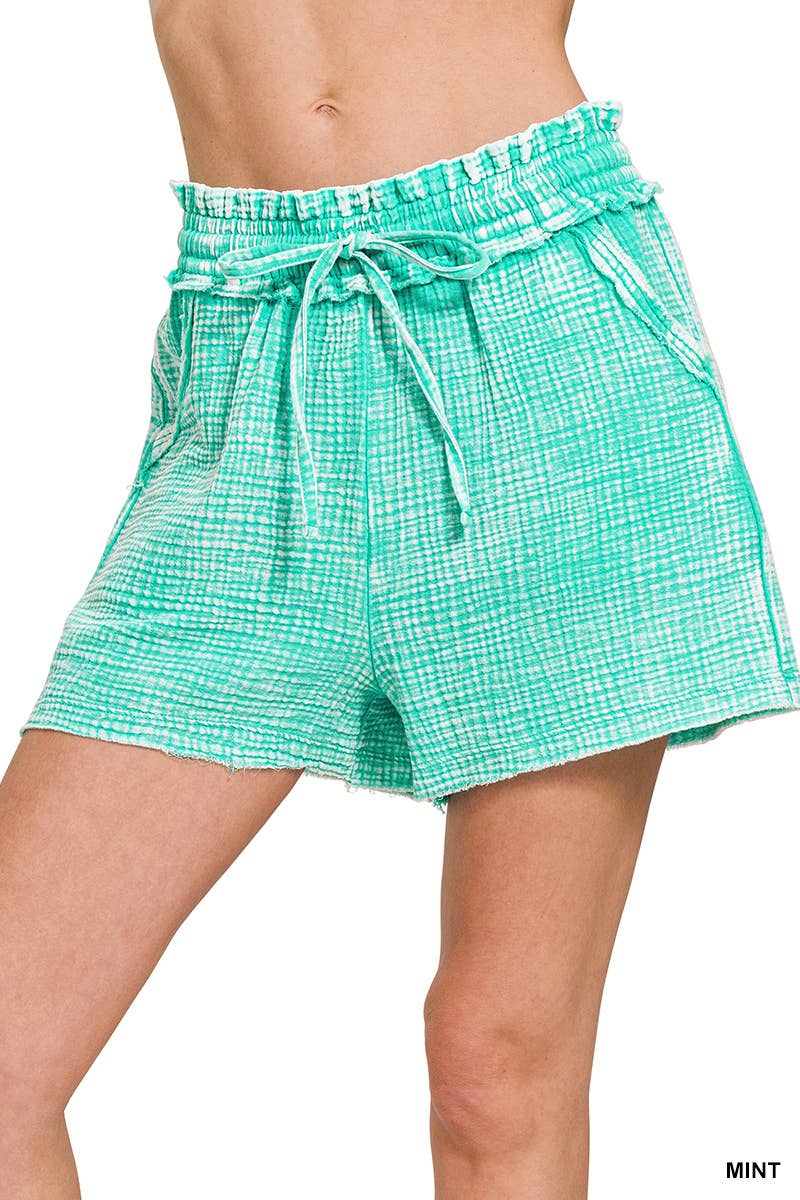 Washed Double Gauze Frayed Hem Drawstring Shorts