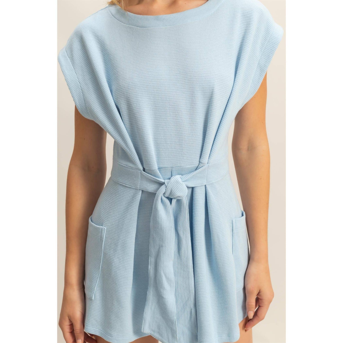 DZ25C387-Tie-Front Waffle Knitted Romper
