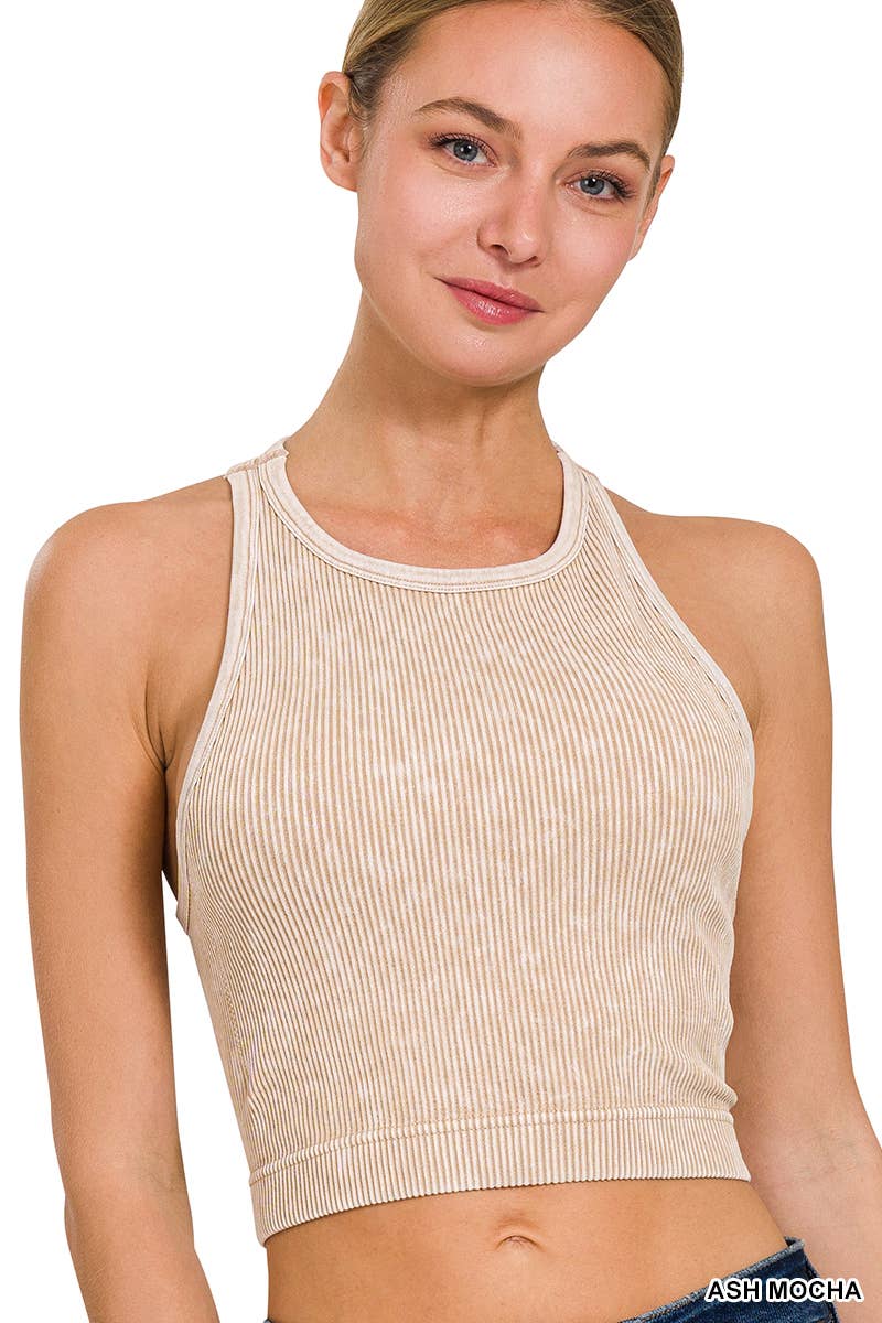 Stone Washed Ribbed Cropped Bra Padded Top