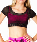 Crop Dance Mesh Top With Rhinestone Band - Girls One Size