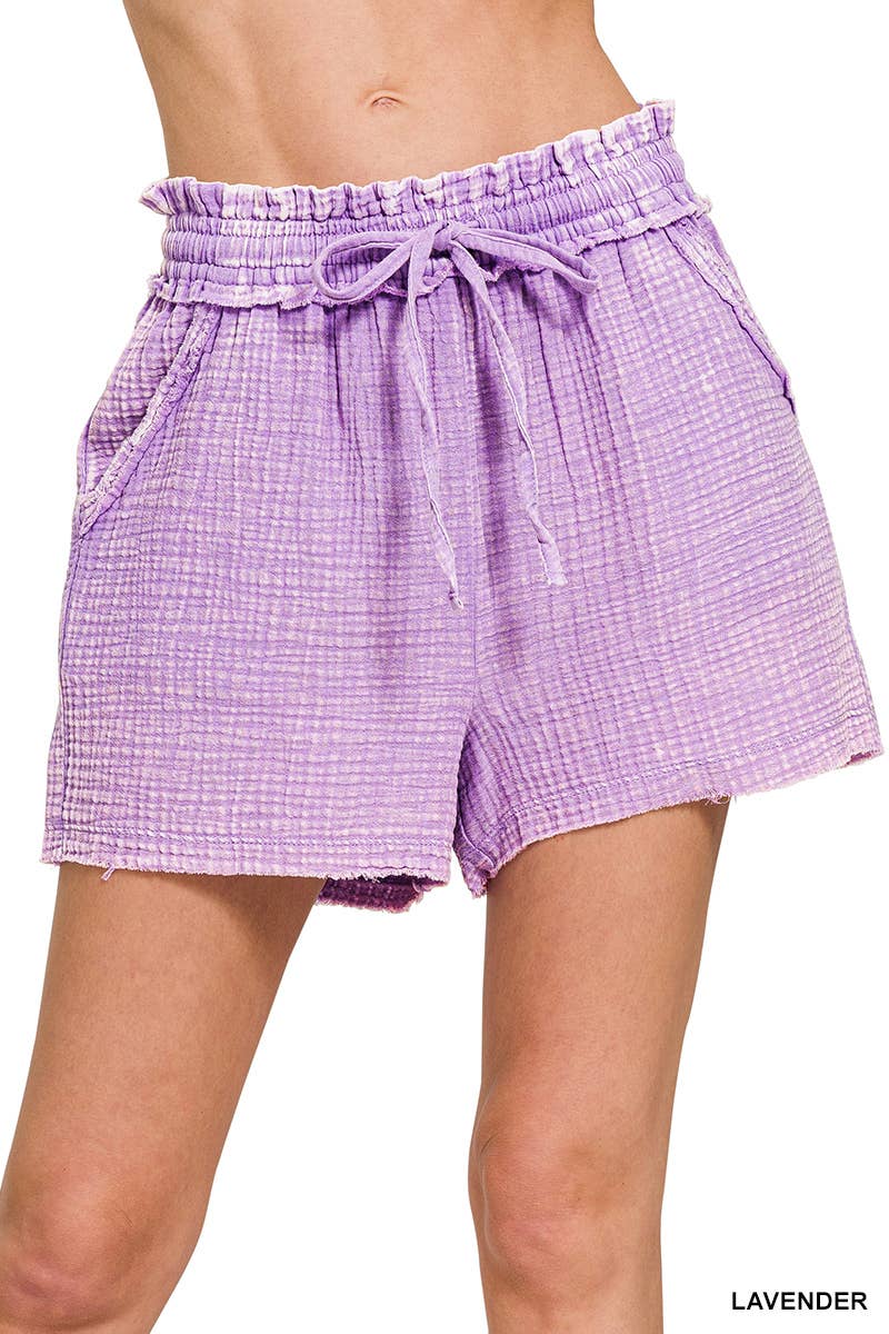 Washed Double Gauze Frayed Hem Drawstring Shorts