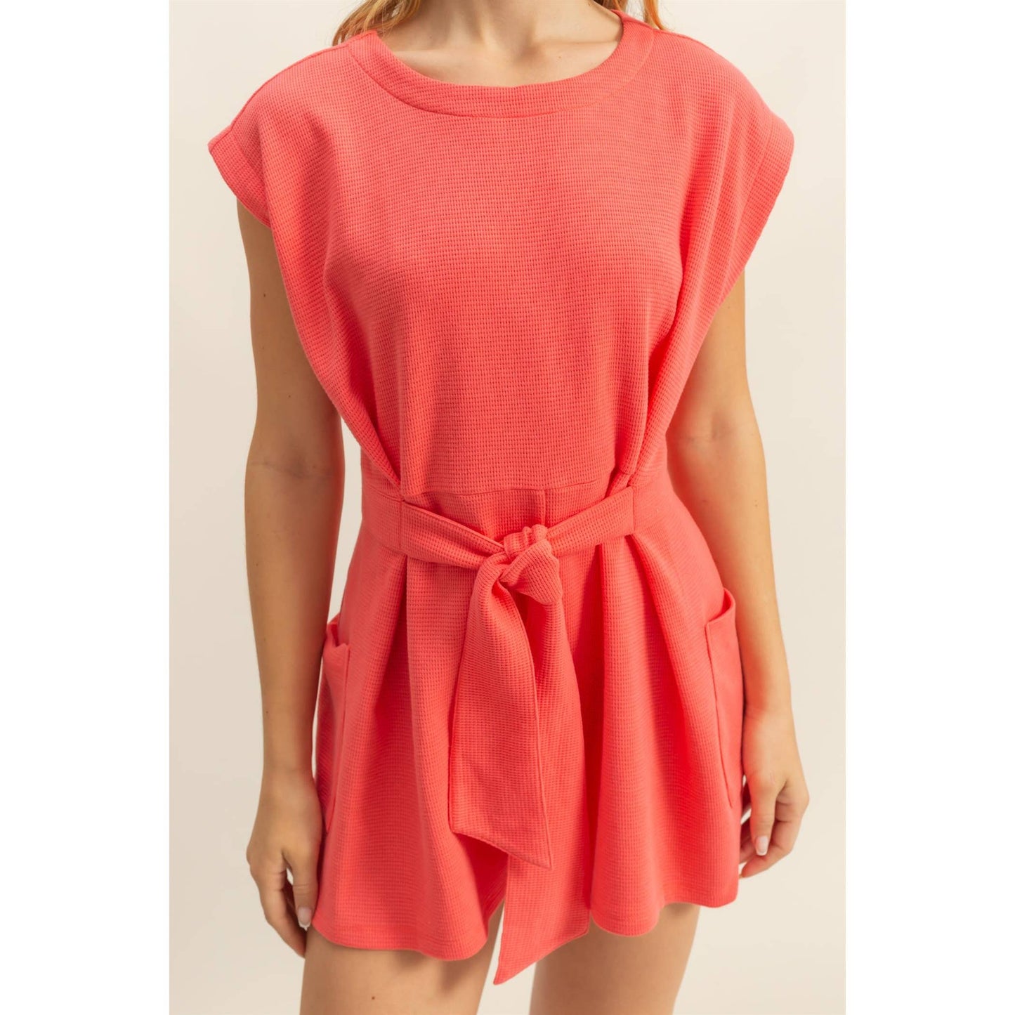 DZ25C387-Tie-Front Waffle Knitted Romper