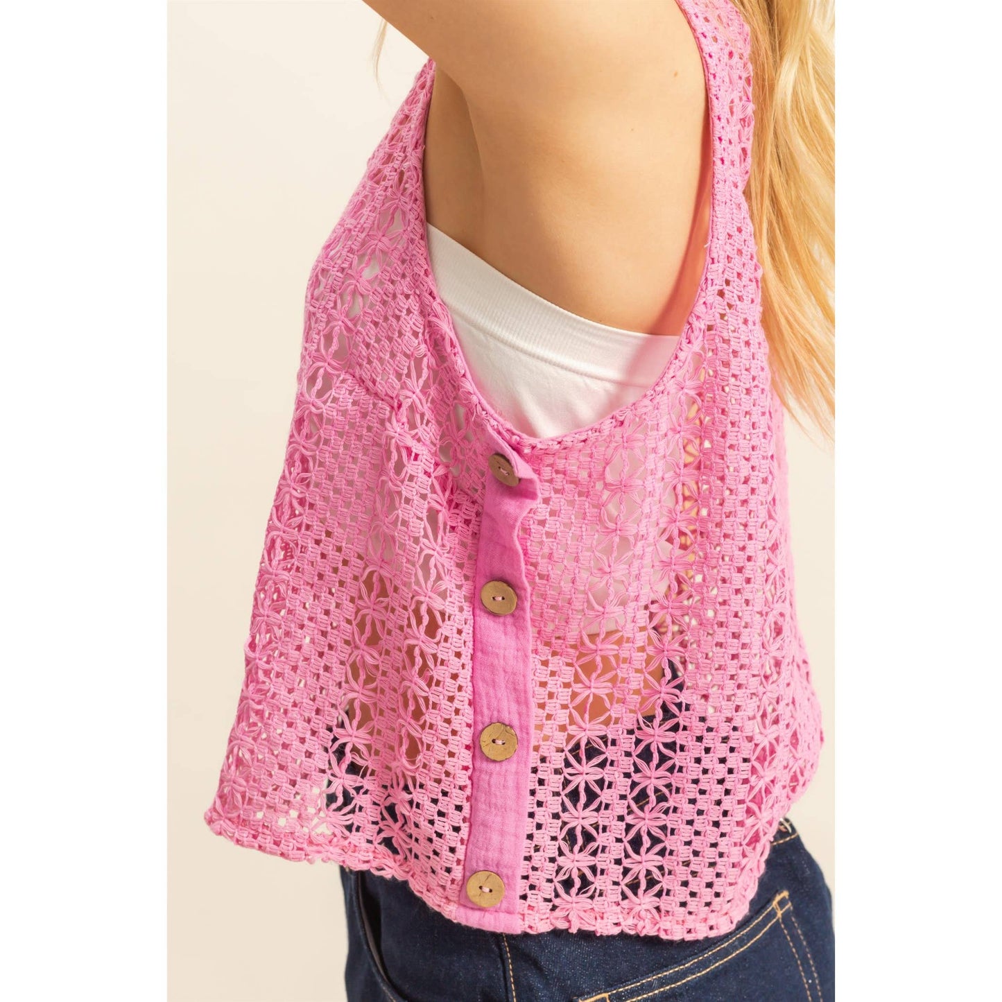 HF25C657-Sleeveless Crew Neck Crochet Top