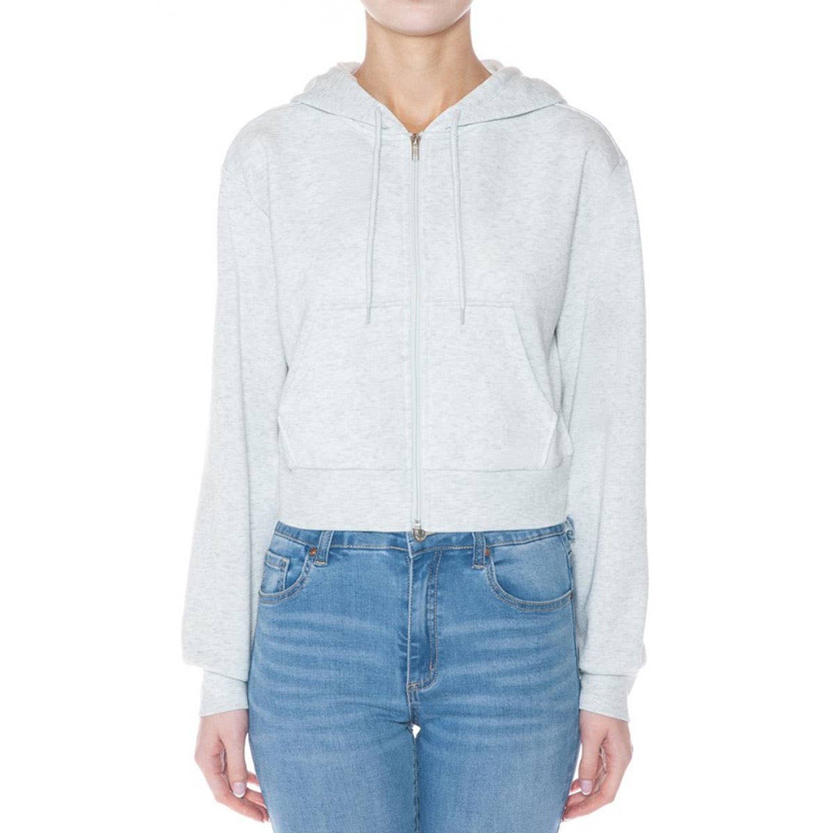 FLEECE LONG SLEEVE ZIP UP CROP HOODIE JACKET