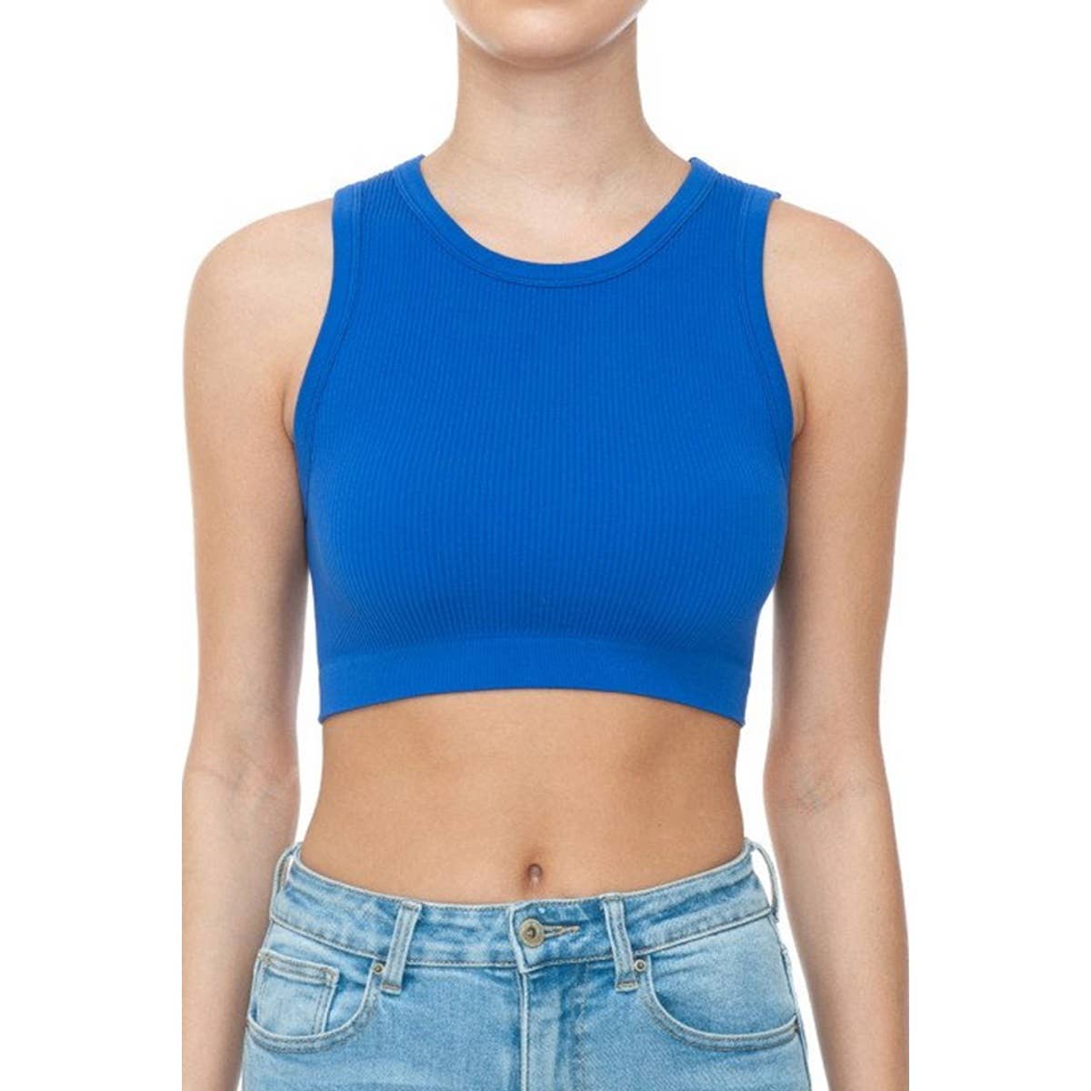 RIBBED ROUND NECK CROP SEAMLESS TANK TOP