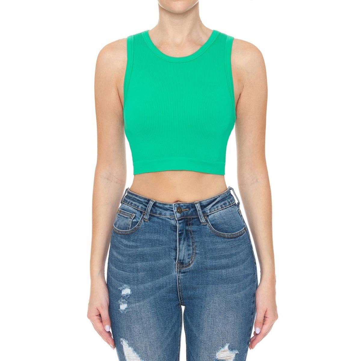 RIBBED ROUND NECK CROP SEAMLESS TANK TOP