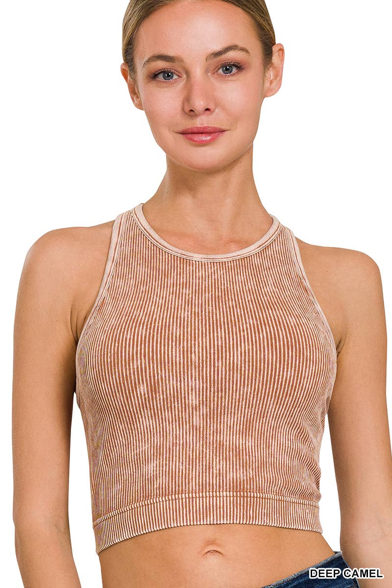 Stone Washed Ribbed Cropped Bra Padded Top