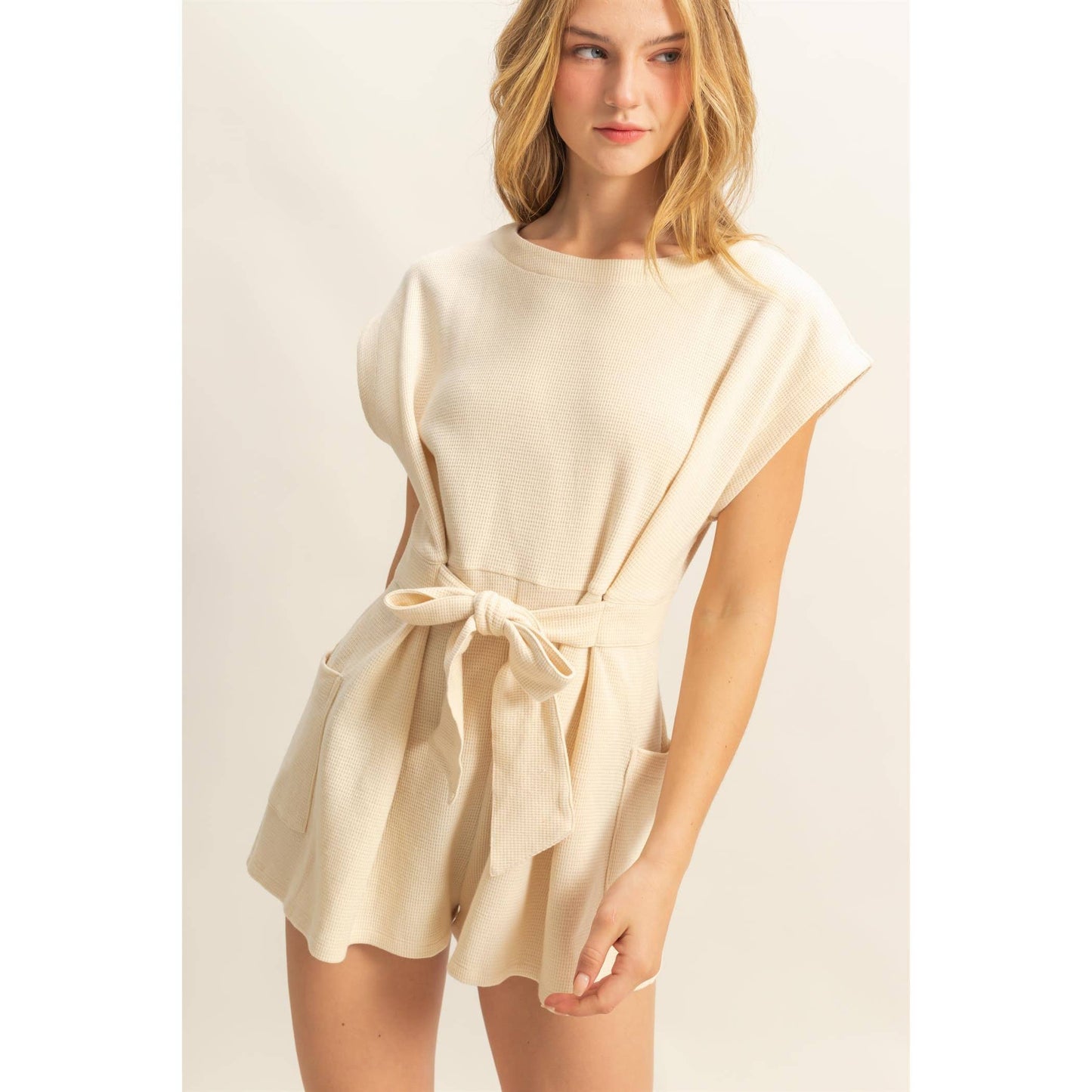DZ25C387-Tie-Front Waffle Knitted Romper