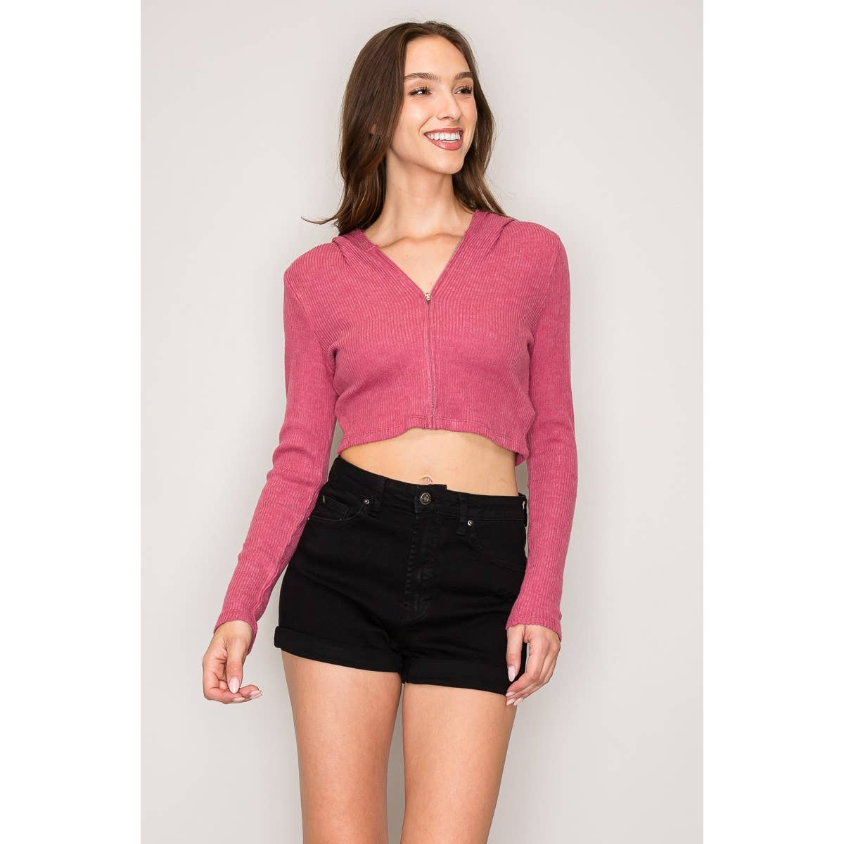 Hooded Zipper Front Rib Knit Cropped Jacket