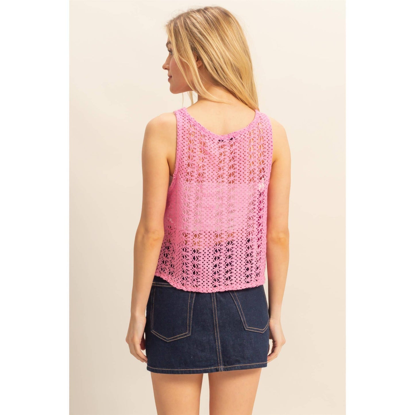 HF25C657-Sleeveless Crew Neck Crochet Top